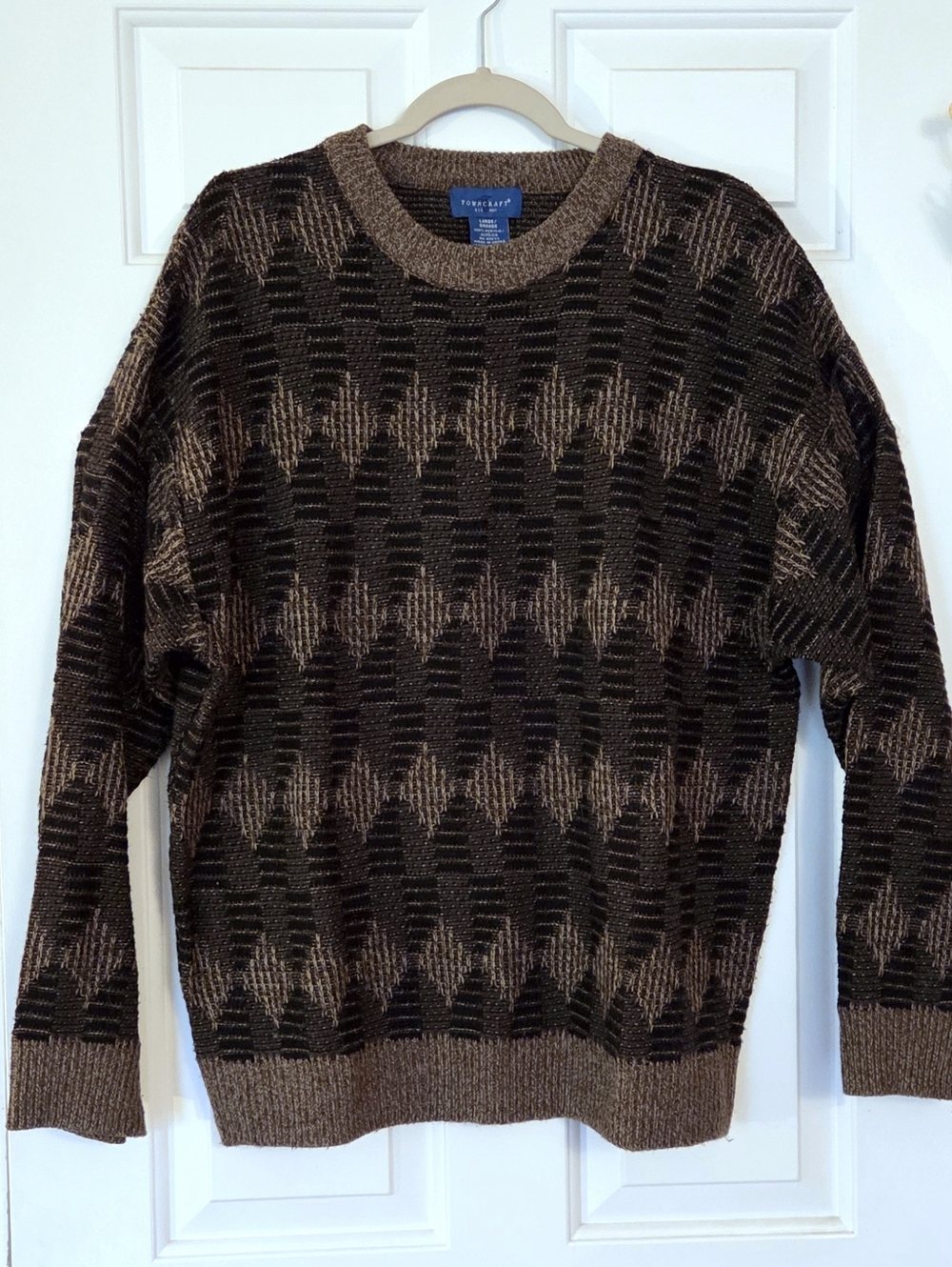 Towncraft Green / Brown Diamond Pattern Knit Sweater Large
